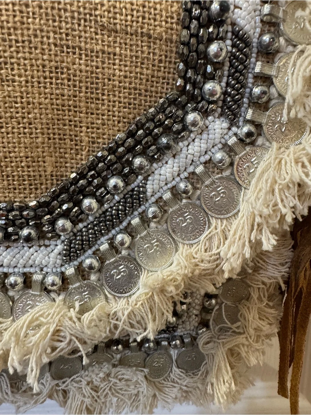 Boho Fringe Beige Crossbody Bag with Coin & Bead Detail